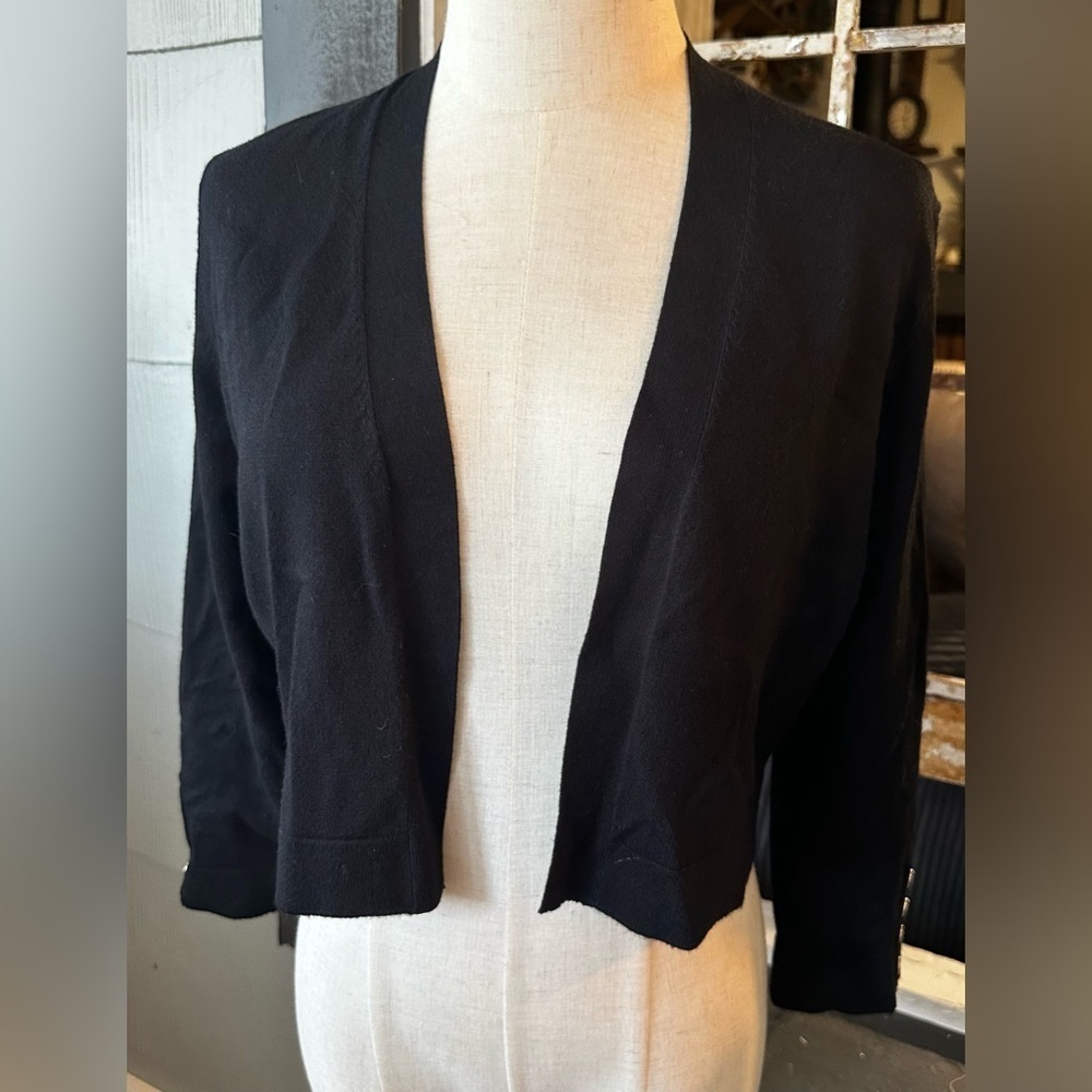Tommy Hilfiger Black Cropped Open-Front Cardigan with Silver Button Cuffs - Picture 2 of 6